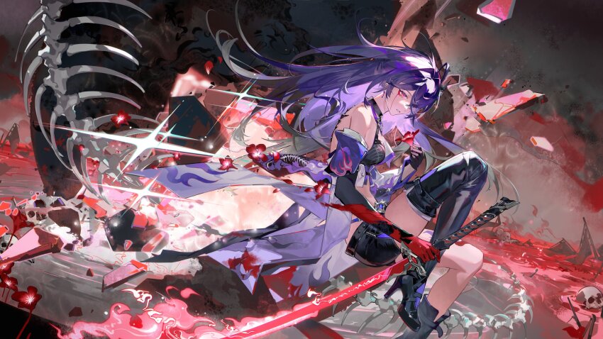 1girl, acheron_(honkai:_star_rail), asymmetrical_footwear, black_choker, black_gloves, black_shorts, blood, bloody_tears