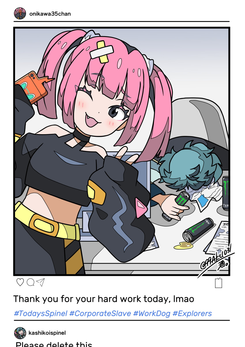 1boy, 1girl, 99akt1031, ;d, absurdres, belt, black_shirt, black_skirt