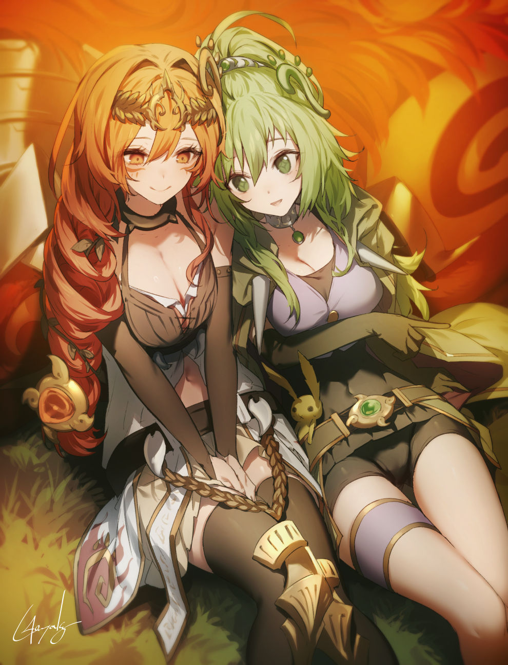 2girls, bare_shoulders, belt, black_gloves, blonde_hair, blush, breasts, choker