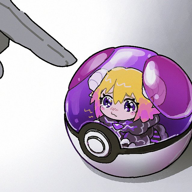 1girl, 1other, blonde_hair, cloud, dante_(limbus_company), don_quixote_(project_moon), e.g.o_(project_moon), electric_screaming_(e.g.o), flaw_eight, hair_between_eyes, horns, lightning, limbus_company, master_ball, nintendo, pointing, poke_ball, pokemon, project_moon, purple_eyes, sad, sheep_horns, short_hair, solo_focus