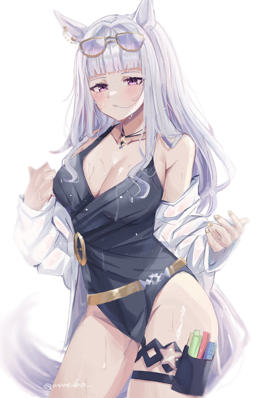 1girl, absurdres, animal_ears, bare_shoulders, black_one-piece_swimsuit, blush, breasts, cleavage, commentary_request, cowboy_shot, eyewear_on_head, gold_ship_(run_revolt_launcher)_(umamusume), gold_ship_(umamusume), heart, highres, holster, horse_ears, horse_girl, horse_tail, jacket, large_breasts, long_hair, mare_ma, nail_polish, off_shoulder, official_alternate_costume, official_alternate_hairstyle, one-piece_swimsuit, open_clothes, open_jacket, parted_lips, purple_eyes, simple_background, solo, sunglasses, swimsuit, tail, thigh_holster, thigh_strap, twitter_username, umamusume, wet, wet_clothes, wet_jacket, white_background, white_jacket, yellow_nails