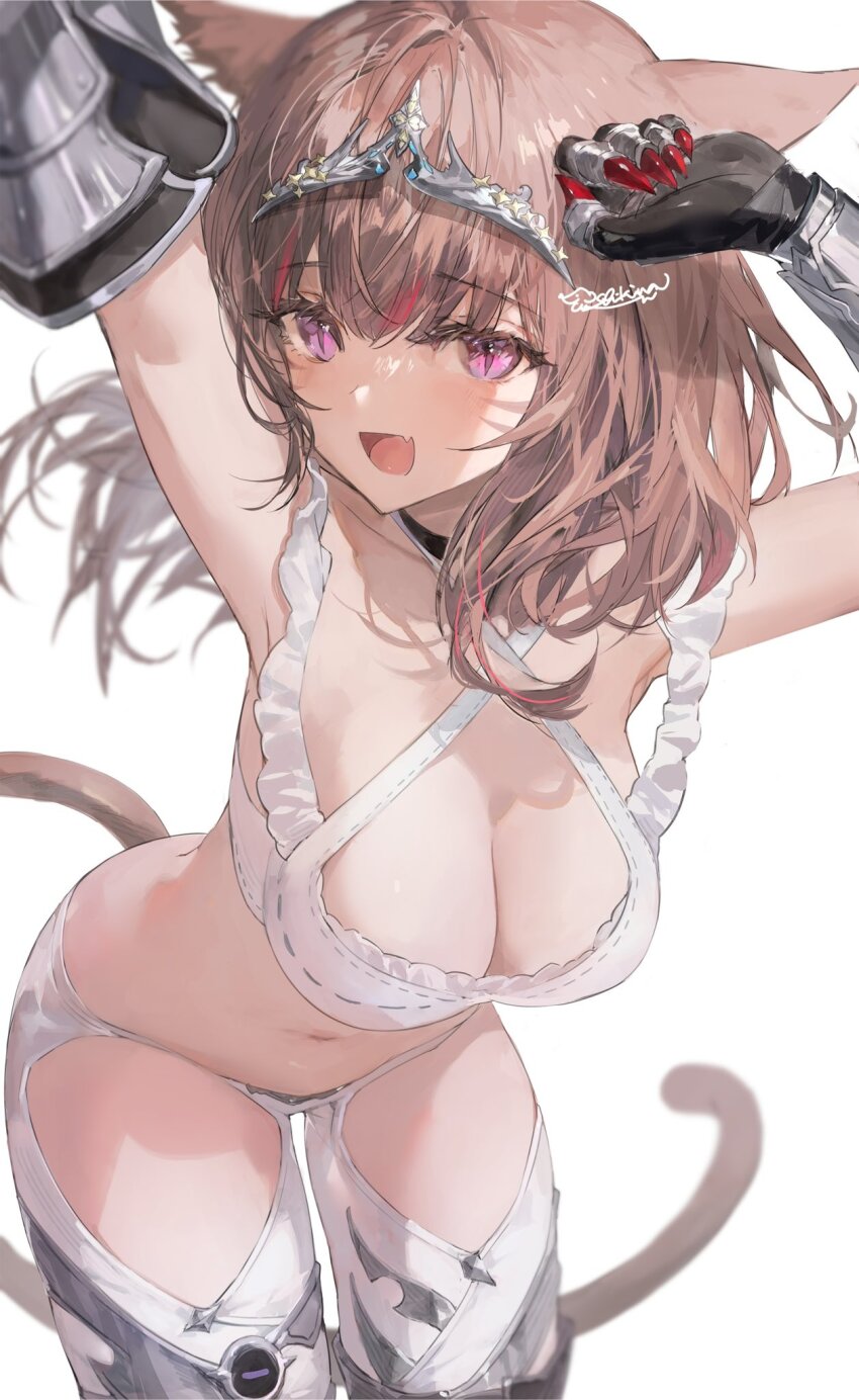 1girl, animal_ears, bra, breasts, brown_hair, cat_ears, cat_girl, cat_tail
