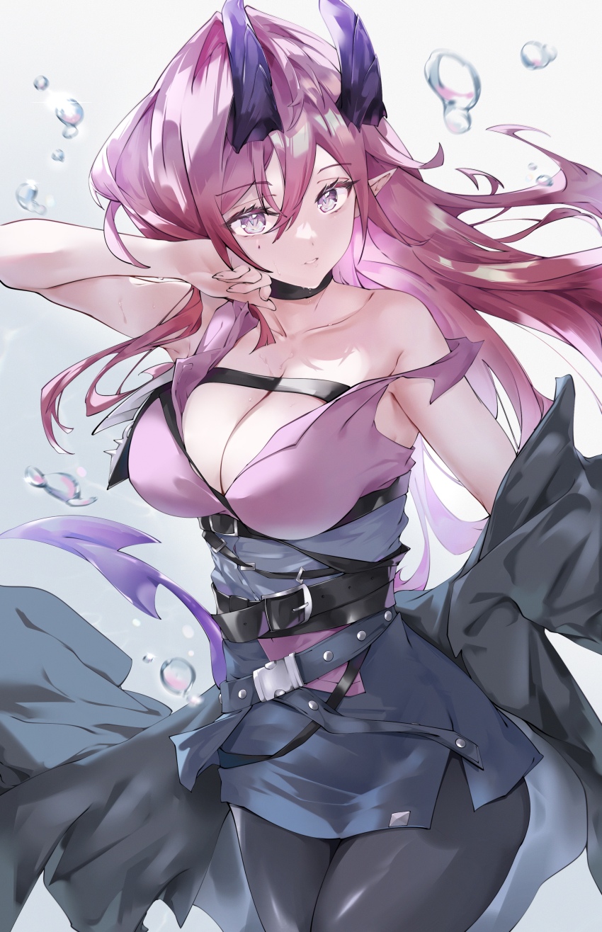 1girl, absurdres, arknights, ascalon_(arknights), bare_shoulders, belt, black_belt, black_jacket