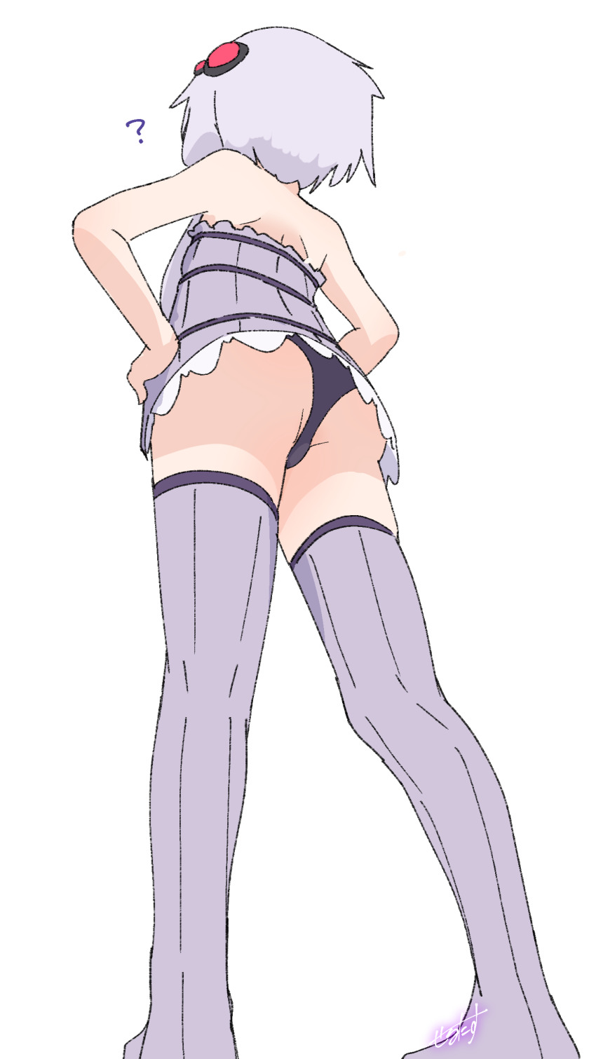 1girl, absurdres, ass, black_panties, dress, facing_away, from_behind, from_below, hair_ornament, hands_on_own_hips, highres, panties, pantyshot, purple_dress, purple_hair, purple_thighhighs, sechin, short_dress, short_hair_with_long_locks, simple_background, solo, standing, thighhighs, underwear, upskirt, voiceroid, white_background, yuzuki_yukari