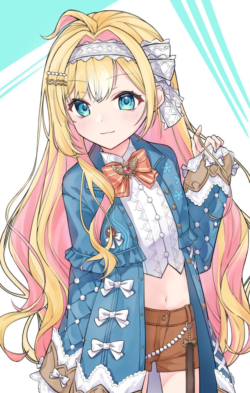 1girl, :3, aqua_eyes, aqua_nails, blonde_hair, blue_jacket, blush, bow
