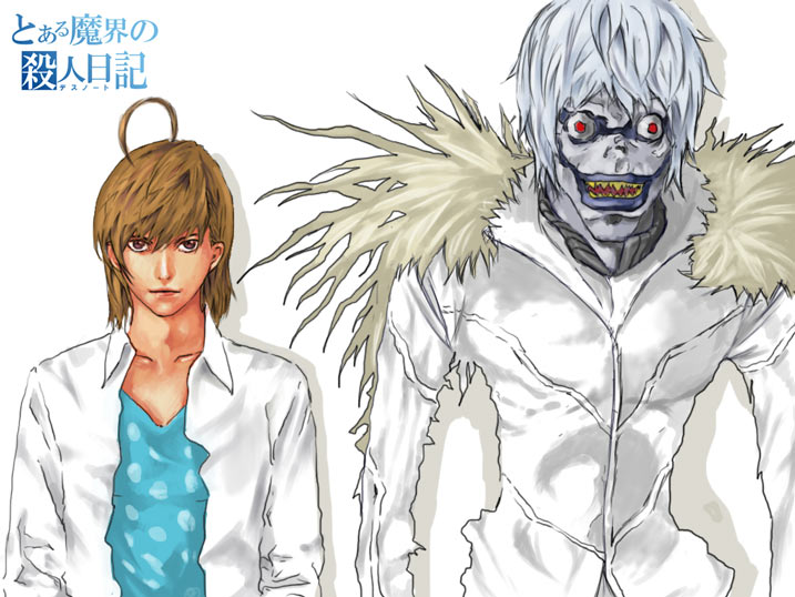 accelerator_(toaru_majutsu_no_index), accelerator_(cosplay), ahoge, cosplay, crossover, death_note, emuson, fur_collar, fusion, jacket, last_order_(toaru_majutsu_no_index), last_order_(cosplay), parody, red_eyes, ryuk, short_hair, toaru_majutsu_no_index, what, white_hair, yagami_light