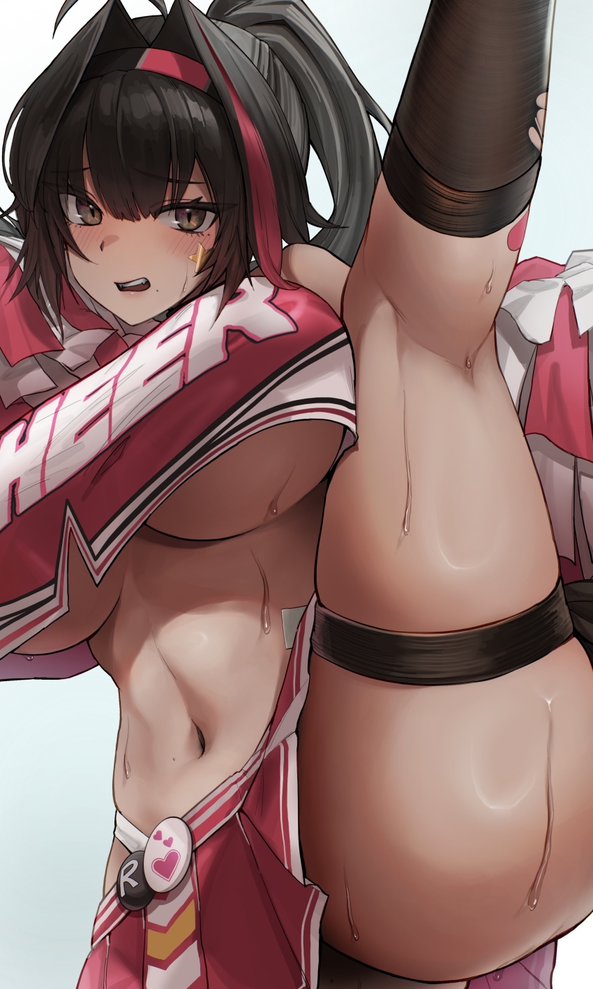 1girl, absurdres, ahoge, bay_(nikke), black_hair, blush, breasts, brown_eyes