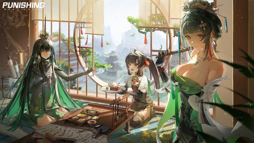 3girls, absurdres, architecture, calligraphy, calligraphy_brush, chinese_clothes, cup, east_asian_architecture, hanying_(pgr), highres, looking_at_viewer, multiple_girls, official_art, outside_border, paintbrush, pulao_(pgr), punishing:_gray_raven, qu:_pavo_(pgr), serving_drinks, serving_tray, tassel, teacup, teapot, twitter
