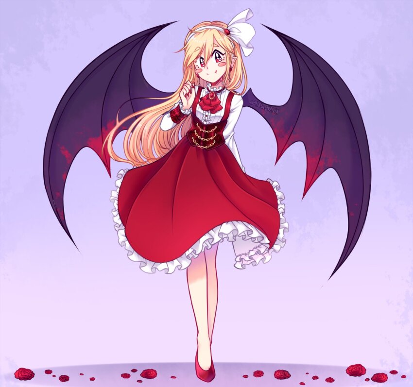 1girl, ascot, bare_legs, bat_wings, black_wings, blonde_hair, blush, breasts