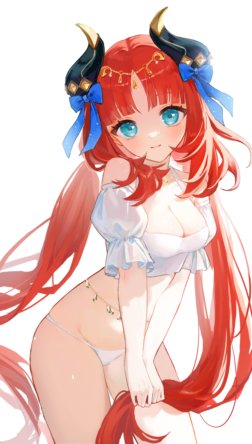 1girl, absurdres, alternate_costume, blue_eyes, blue_ribbon, blunt_bangs, breasts, cleavage