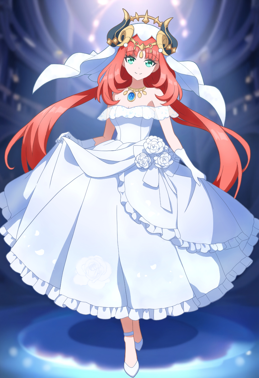 1girl, alternate_costume, bare_shoulders, bride, commentary, dress, fake_horns, flower, genshin_impact, gloves, green_eyes, highres, horns, long_hair, looking_at_viewer, nahato, nilou_(genshin_impact), off_shoulder, red_hair, rose, smile, solo, strapless, strapless_dress, twintails, veil, very_long_hair, wedding_dress, white_dress, white_flower, white_footwear, white_gloves, white_rose