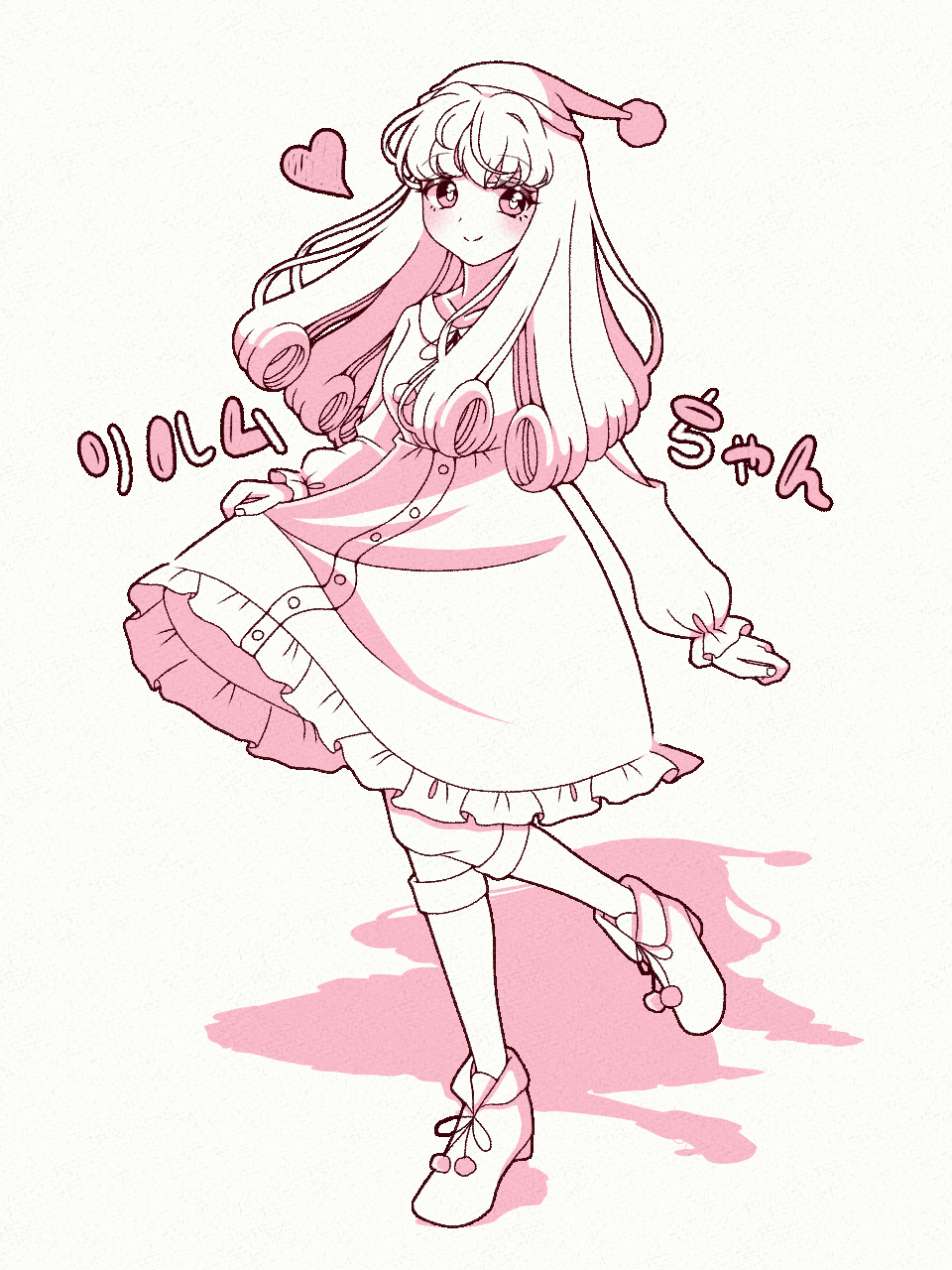 1girl, alternate_form, blunt_bangs, colored_shadow, dress, floating_hair, full_body, hat, heart, highres, holding_own_dress, kneehighs, leg_up, long_hair, long_sleeves, mirumo_de_pon!, nightcap, pi_no_0320, pom_pom_(clothes), rirumu_(mirumo_de_pon!), shadow, simple_background, smile, socks, solo