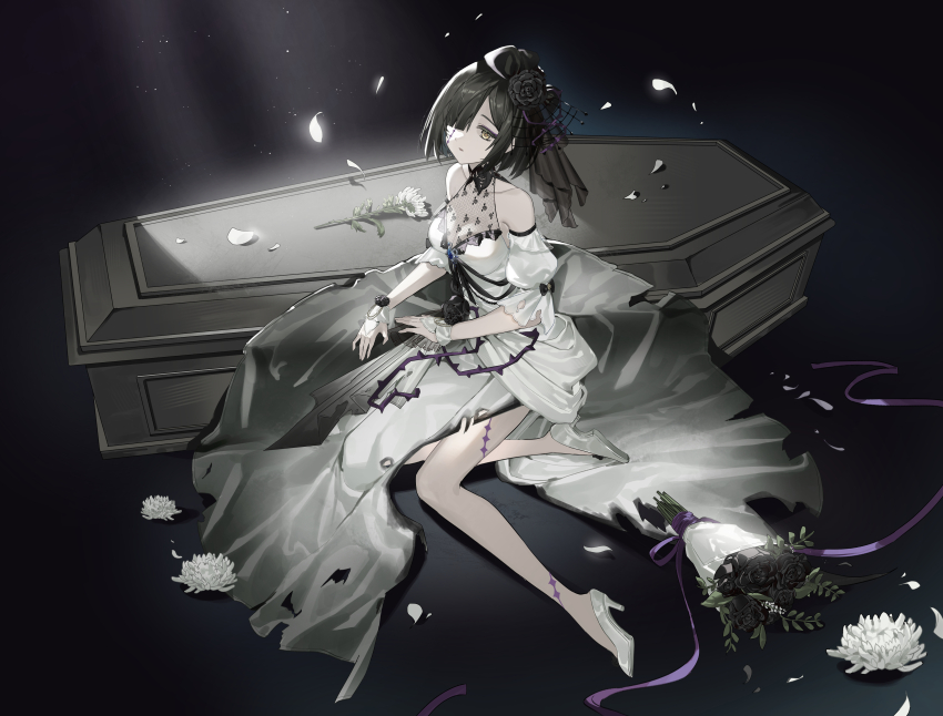 1girl, absurdres, alternate_costume, asymmetrical_bangs, bare_legs, bare_shoulders, black_background, black_flower