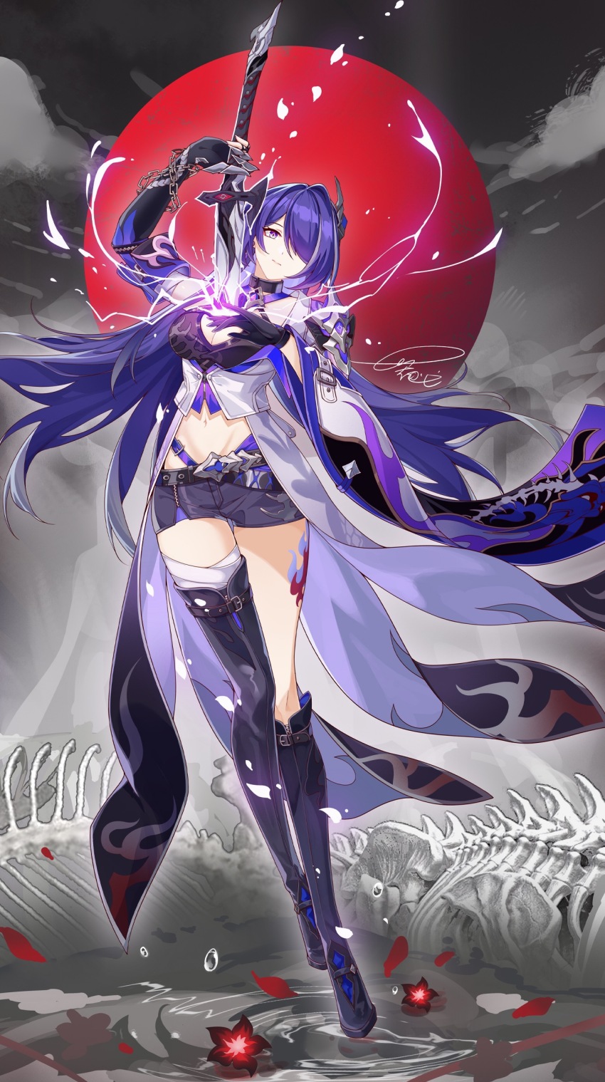 1girl, absurdres, acheron_(honkai:_star_rail), asymmetrical_footwear, black_choker, black_gloves, black_shorts, bone