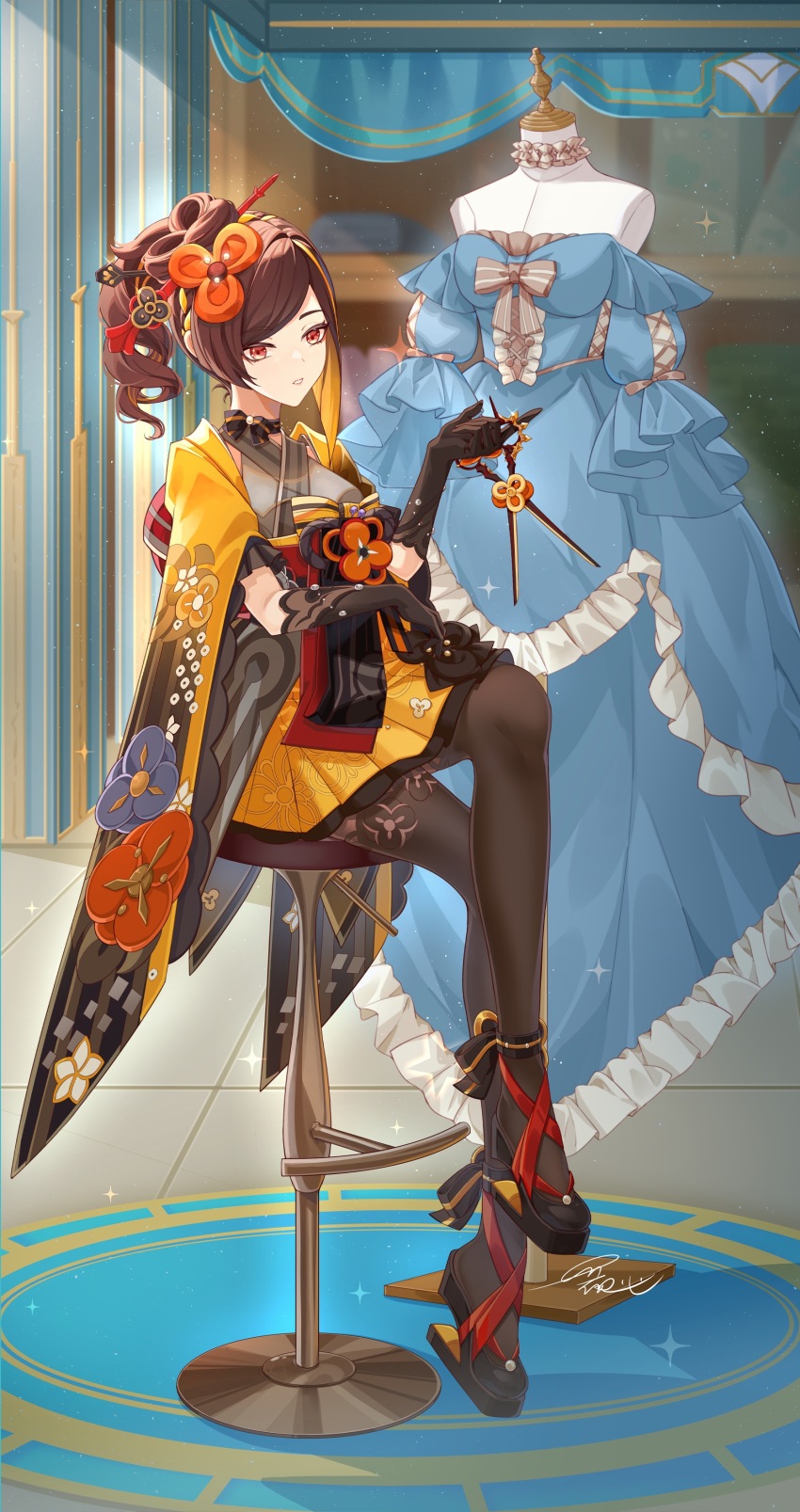 1girl, absurdres, black_gloves, black_pantyhose, blue_dress, brown_hair, chiori_(genshin_impact), commentary_request