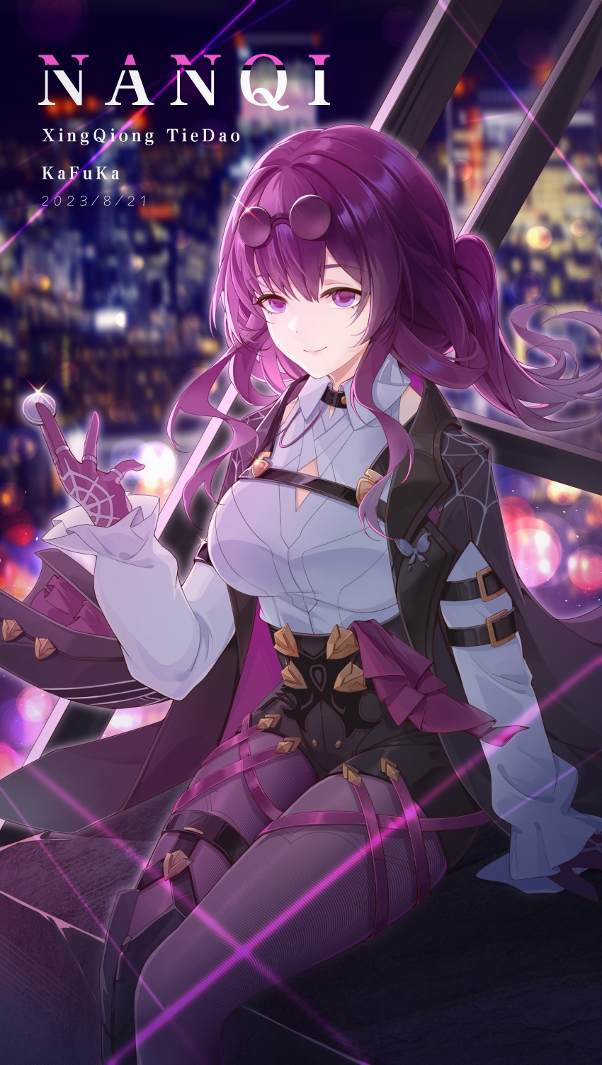 1girl, absurdres, black_jacket, black_shorts, breasts, city, coin, commentary_request