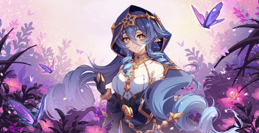 1girl, absurdres, bare_shoulders, black_gloves, blue_hair, bracelet, bug, butterfly