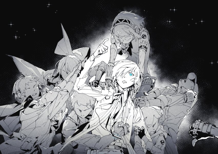 4boys, 4girls, aigis_(persona), amada_ken, android, animal, armband, arms_up