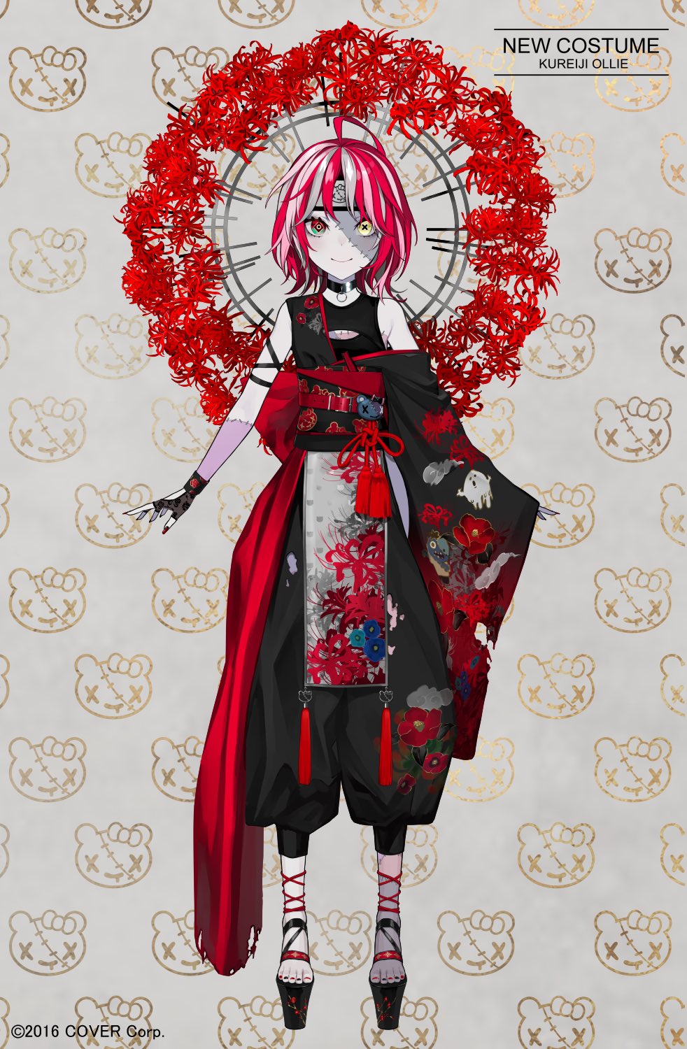 1girl, ahoge, asymmetrical_bangs, asymmetrical_sleeves, black_gloves, black_hakama, black_kimono, black_nails