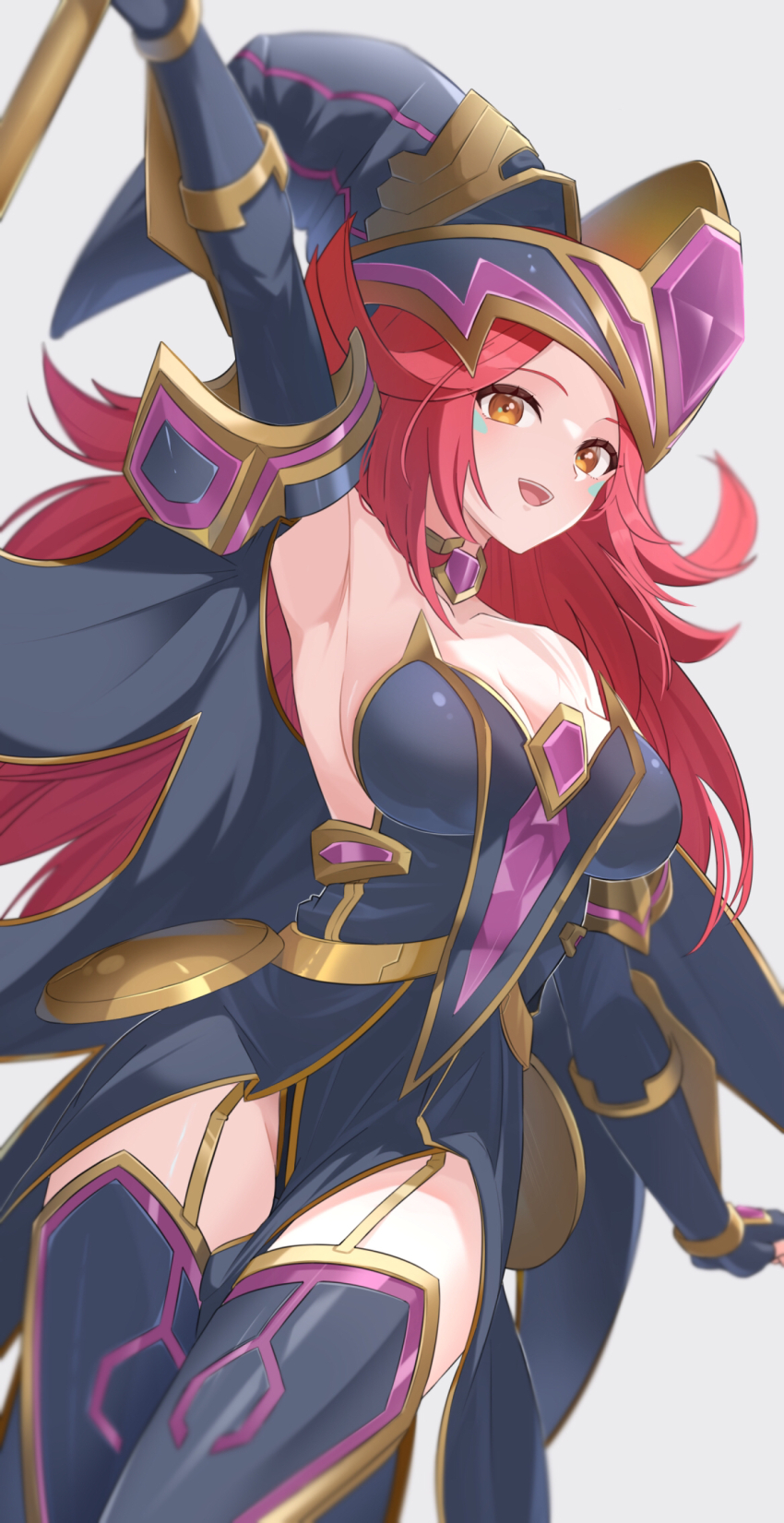 1girl, arm_up, armpits, bare_shoulders, breasts, cleavage, detached_sleeves, dress, duel_monster, fingerless_gloves, gloves, hat, heichi, highres, large_breasts, long_hair, open_mouth, orange_eyes, red_hair, smile, solo, summon_sorceress, very_long_hair, witch_hat, yu-gi-oh!