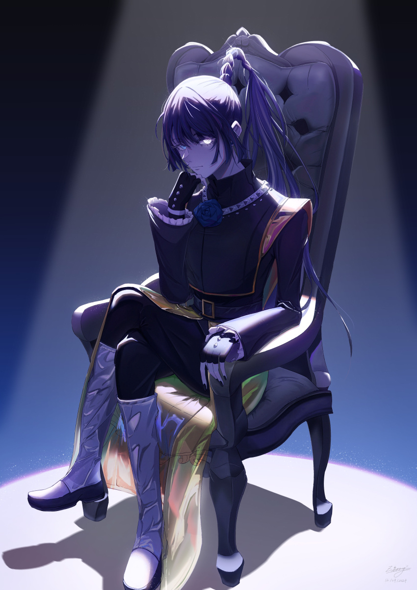 1girl, absurdres, ado_(utaite), armchair, armrest, belt, black_gloves, black_nails