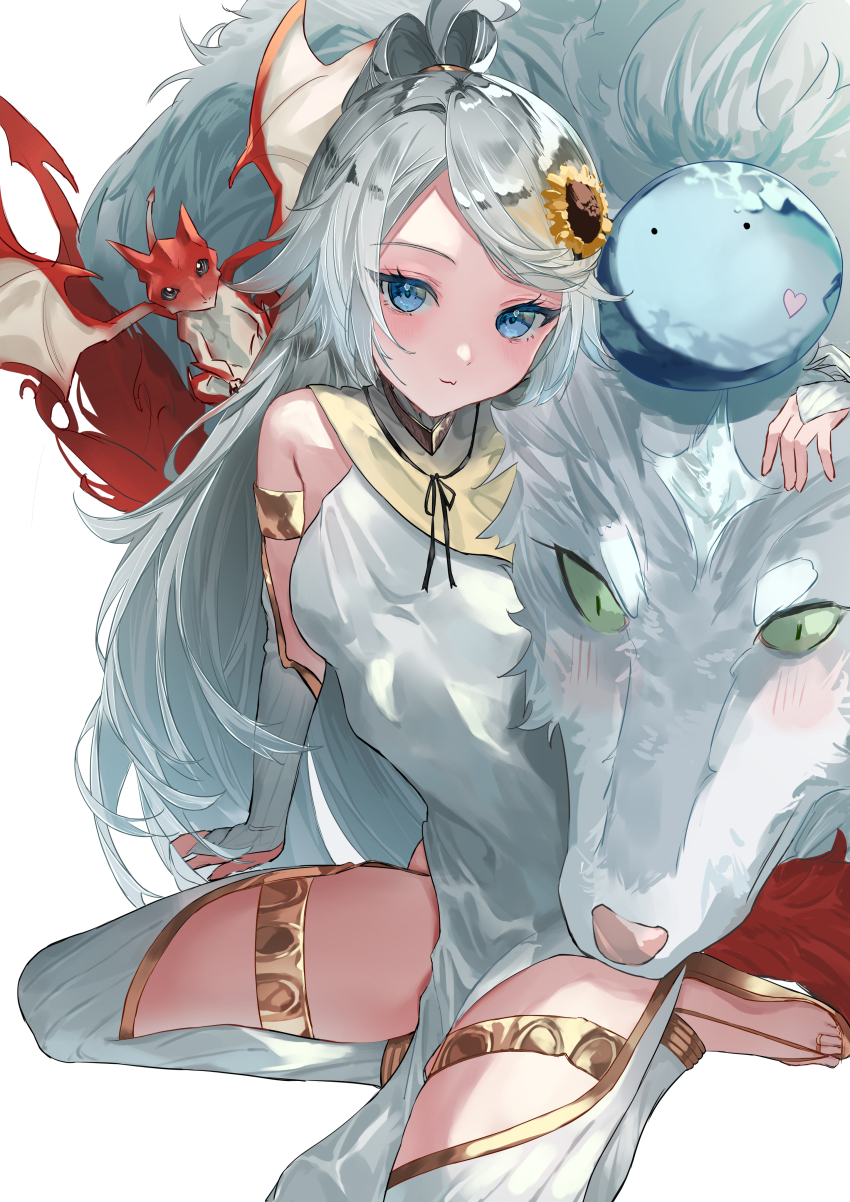 1girl, absurdres, bare_shoulders, blue_eyes, bridal_gauntlets, dragon, dress, feru_(tonsuki)