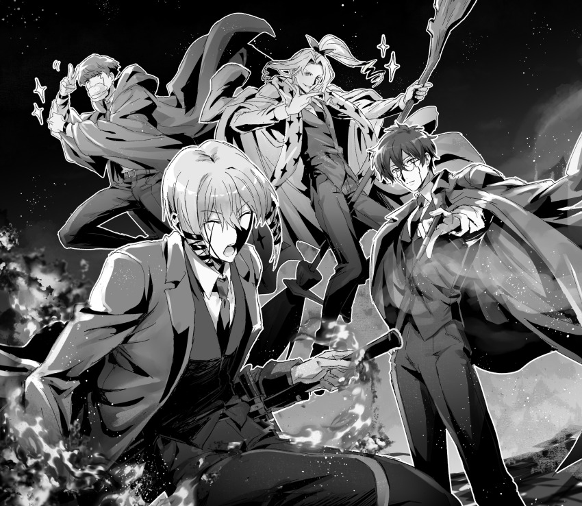 4boys, black_hair, black_robe, broom, broom_riding, collared_shirt, cream_puff, facial_mark, food, formal_clothes, glasses, highres, jacket, kaldo_gehenna, mash_burnedead, mashle, monochrome, multiple_boys, necktie, open_mouth, orter_madl, robe, round_eyewear, ryoh_grantz, shirt, short_hair, star_(sky), suit, user_nrzu8258