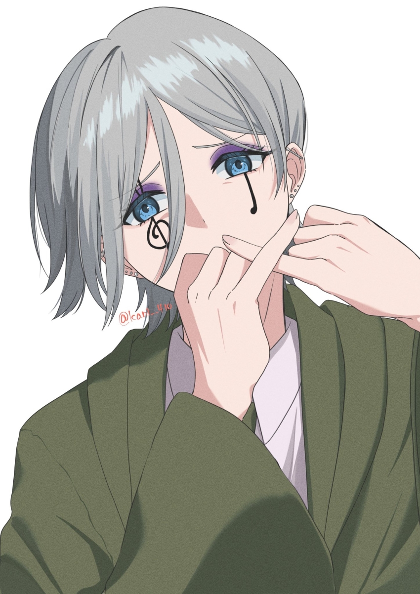 1boy, bishounen, blue_eyes, collared_shirt, earrings, facial_mark, green_robe, grey_hair