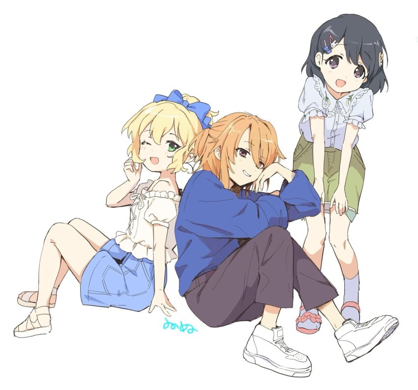 3girls, alternate_eye_color, arm_at_side, artist_name, baggy_clothes, baggy_pants, bare_legs, bare_shoulders