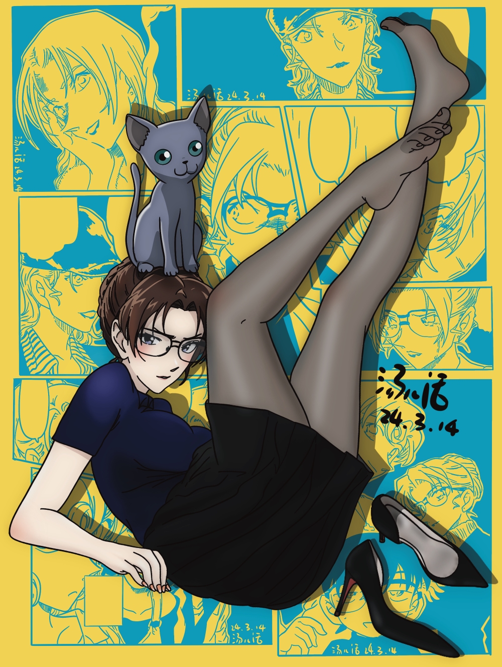 1girl, blue_eyes, brown_hair, cat, feet, glasses, highres, kisaki_eri, light_blush, looking_at_viewer, mature_female, meitantei_conan, pantyhose, shoes, soles, tangerhua, toes, unworn_shoes