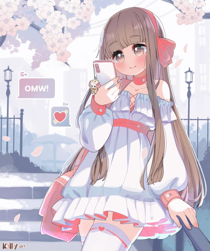 1girl, angelica_(k3lly), artist_name, blunt_bangs, brown_eyes, brown_hair, cellphone, character_charm