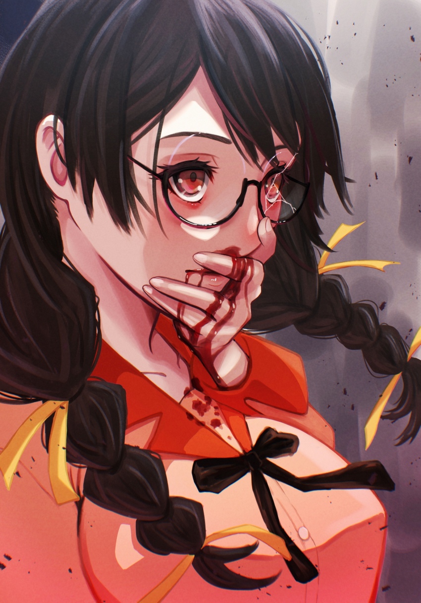1girl, abuse, bakemonogatari, black_bow, black_bowtie, black_hair, blood, blood_on_clothes, blood_on_face, blood_on_hands, bow, bowtie, braid, breasts, broken_eyewear, brown_eyes, closed_mouth, collarbone, collared_shirt, commentary, covering_own_mouth, crack, cracked_glass, dress_shirt, eyelashes, from_side, glasses, grey_background, hair_ribbon, hand_on_own_face, hand_over_own_mouth, hanekawa_tsubasa, highres, injury, large_breasts, looking_afar, looking_ahead, low_twin_braids, monogatari_(series), naoetsu_high_school_uniform, nosebleed, oshizu, pink_shirt, ribbon, round_eyewear, ryona, school_uniform, semi-rimless_eyewear, shards, shirt, solo, twin_braids, under-rim_eyewear, upturned_eyes, yellow_ribbon