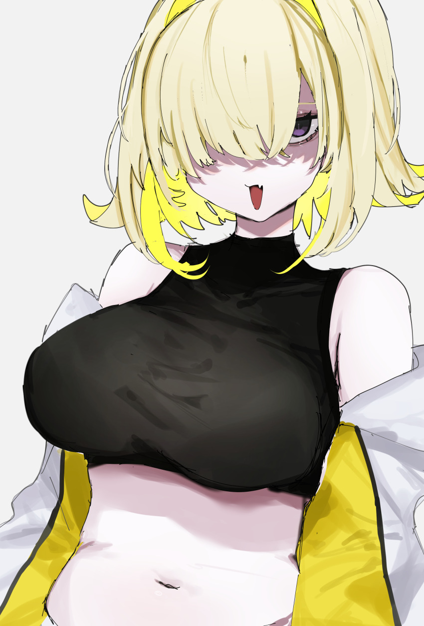 1girl, absurdres, ahoge, black_sports_bra, blonde_hair, breasts, crop_top, elegg_(nikke), goddess_of_victory:_nikke, hair_intakes, hair_over_eyes, highres, jacket, large_breasts, long_bangs, muki, multicolored_hair, multicolored_jacket, navel, purple_eyes, short_hair, solo, sports_bra, two-tone_hair, two-tone_jacket, white_jacket, yellow_jacket