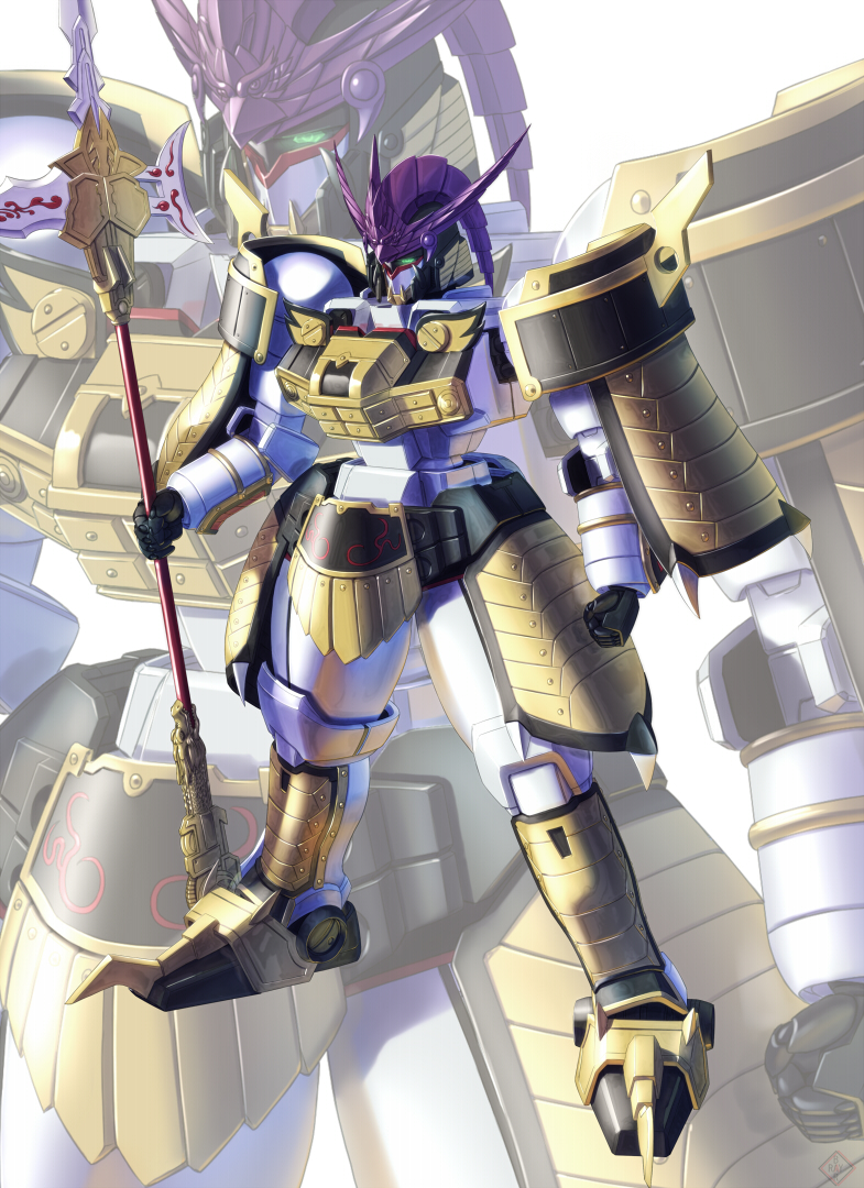 10s, armor, glowing, glowing_eyes, gundam, halberd, lu_bu, no_humans, polearm, raybar, ryofu_tallgeese, sd_gundam, sd_gundam_sangokuden, solo, weapon, zoom_layer