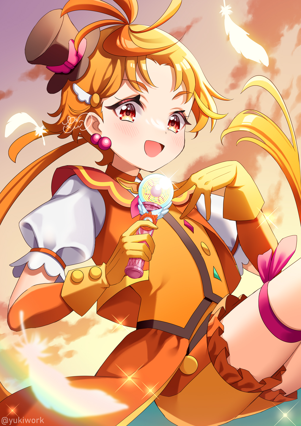 1boy, artist_name, black_hat, blush, brooch, cloud, cloudy_sky, coattails