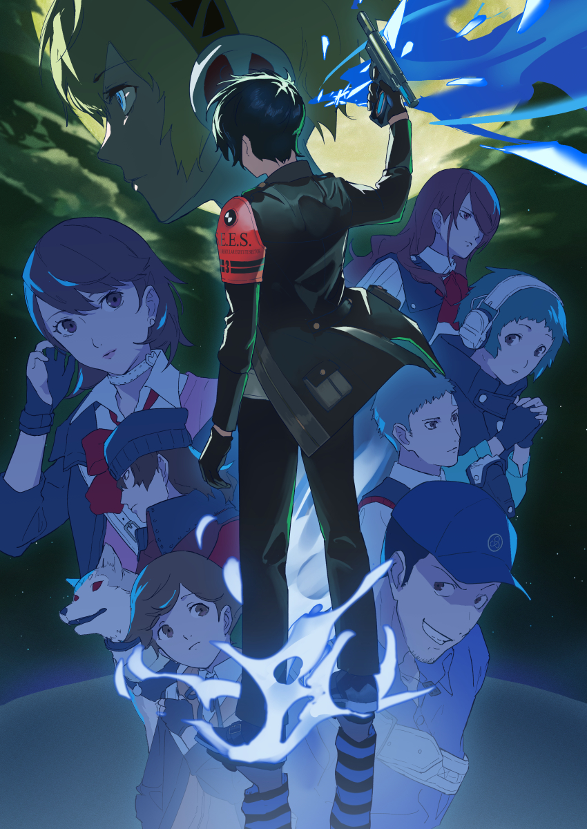 4girls, 5boys, 6o2_(rokumaruni), absurdres, aigis_(persona), amada_ken, android, animal, aqua_hair, aragaki_shinjirou, arm_up, armband, baseball_bat, beanie, black_gloves, black_hair, black_jacket, blonde_hair, blue_eyes, blue_hair, blue_shirt, bow, bowtie, brown_hair, cardigan, choker, closed_mouth, cloud, cloudy_sky, collared_shirt, commentary_request, dark_blue_hair, dog, evoker, fingerless_gloves, from_behind, full_moon, gekkoukan_high_school_uniform, gloves, green_sky, grey_hair, grin, gun, hat, headphones, highres, holding, holding_gun, holding_weapon, iori_junpei, jacket, kirijou_mitsuru, koromaru_(persona), long_hair, long_sleeves, moon, multiple_boys, multiple_girls, open_clothes, open_jacket, parted_lips, partially_fingerless_gloves, persona, persona_3, persona_3_reload, pink_cardigan, red_armband, red_bow, red_bowtie, red_hair, robot_ears, sanada_akihiko, school_uniform, shirt, short_hair, sky, smile, standing, takeba_yukari, upper_body, weapon, white_choker, white_shirt, yamagishi_fuuka, yuuki_makoto_(persona_3)