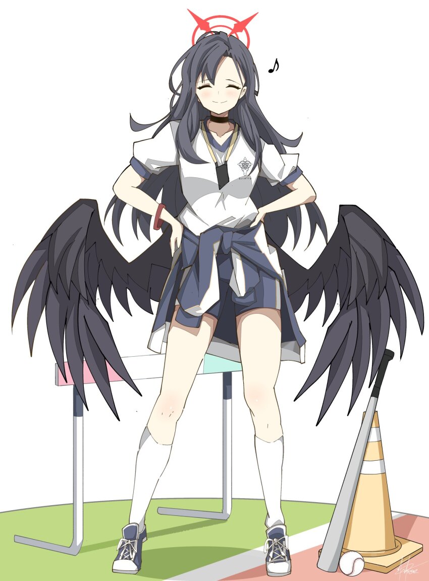 1girl, ball, baseball_(object), baseball_bat, black_choker, black_hair, black_wings, blue_archive
