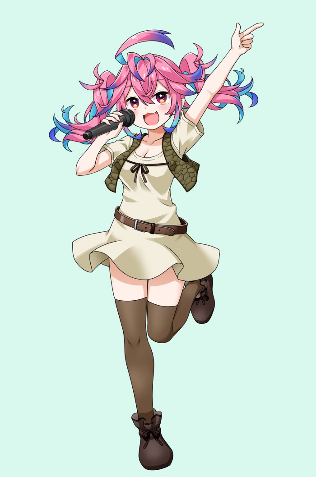 1girl, :d, ahoge, akou_roushi, alternate_costume, belt, blush, breasts, brown_belt, brown_footwear, brown_thighhighs, collarbone, colored_inner_hair, cosplay, dress, gradient_hair, green_background, hair_between_eyes, highres, holding, holding_microphone, medium_breasts, microphone, multicolored_hair, nebi_nebu, open_mouth, pink_hair, pixellink, purple_hair, red_eyes, shrek, shrek_(cosplay), shrek_(series), smile, solo, standing, standing_on_one_leg, star_(symbol), star_in_eye, symbol_in_eye, thighhighs, tongue, virtual_youtuber, white_dress