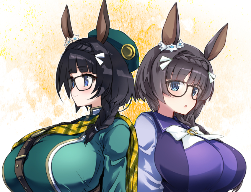 2girls, animal_ears, beret, black_hair, blue_eyes, braid, breasts, brown_hair