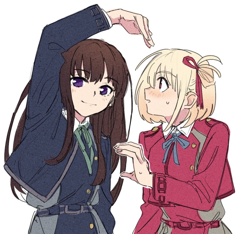2girls, arm_up, blonde_hair, blue_dress, blue_ribbon, blush, brown_hair, closed_mouth, collared_dress, commentary_request, dress, green_dress, hair_ribbon, heart_arms_failure, heart_hands_failure, highres, inoue_takina, koyomania, long_hair, long_sleeves, looking_at_another, looking_at_viewer, lycoris_recoil, lycoris_uniform, medium_hair, multiple_girls, neck_ribbon, nishikigi_chisato, one_side_up, parted_lips, purple_eyes, red_dress, red_eyes, red_ribbon, ribbon, simple_background, smile, sweatdrop, upper_body, white_background