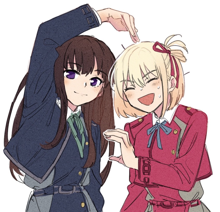 2girls, arm_up, blonde_hair, blue_dress, blue_ribbon, blush, brown_hair, closed_eyes