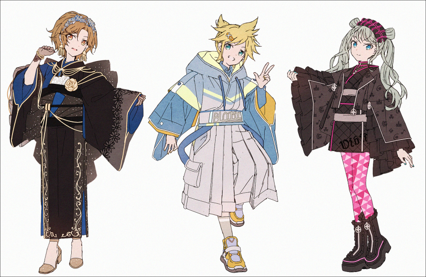 1boy, 2girls, adapted_costume, aozora_ni_negau_your_happiness!_(project_sekai), black_footwear, black_kimono, blonde_hair, blue_eyes, blue_jacket, blue_nails, blue_shirt, boots, brown_eyes, brown_footwear, brown_gloves, brown_hair, brown_kimono, closed_mouth, collared_shirt, drawstring, dress_shirt, forehead, frilled_boots, frilled_footwear, frills, gloves, green_hair, grey_background, grey_hakama, grey_socks, grin, hair_ornament, hairclip, hakama, hakama_skirt, hakusai_(tiahszld), hatsune_miku, high_heels, highres, hood, hood_down, hooded_jacket, jacket, japanese_clothes, kagamine_len, kimono, legend_still_vivid_(project_sekai), long_sleeves, meiko_(vocaloid), multiple_girls, nail_polish, pantyhose, parted_bangs, pinching_sleeves, pink_pantyhose, print_pantyhose, project_sekai, quilting_formal_(project_sekai), revision, shirt, shoes, short_kimono, simple_background, skirt, sleeves_past_wrists, smile, socks, standing, standing_on_one_leg, tiara, twintails, unmoving_pattern, vivid_bad_squad_len, vivid_bad_squad_meiko, vivid_bad_squad_miku, vocaloid, w, wide_sleeves, yellow_shoes