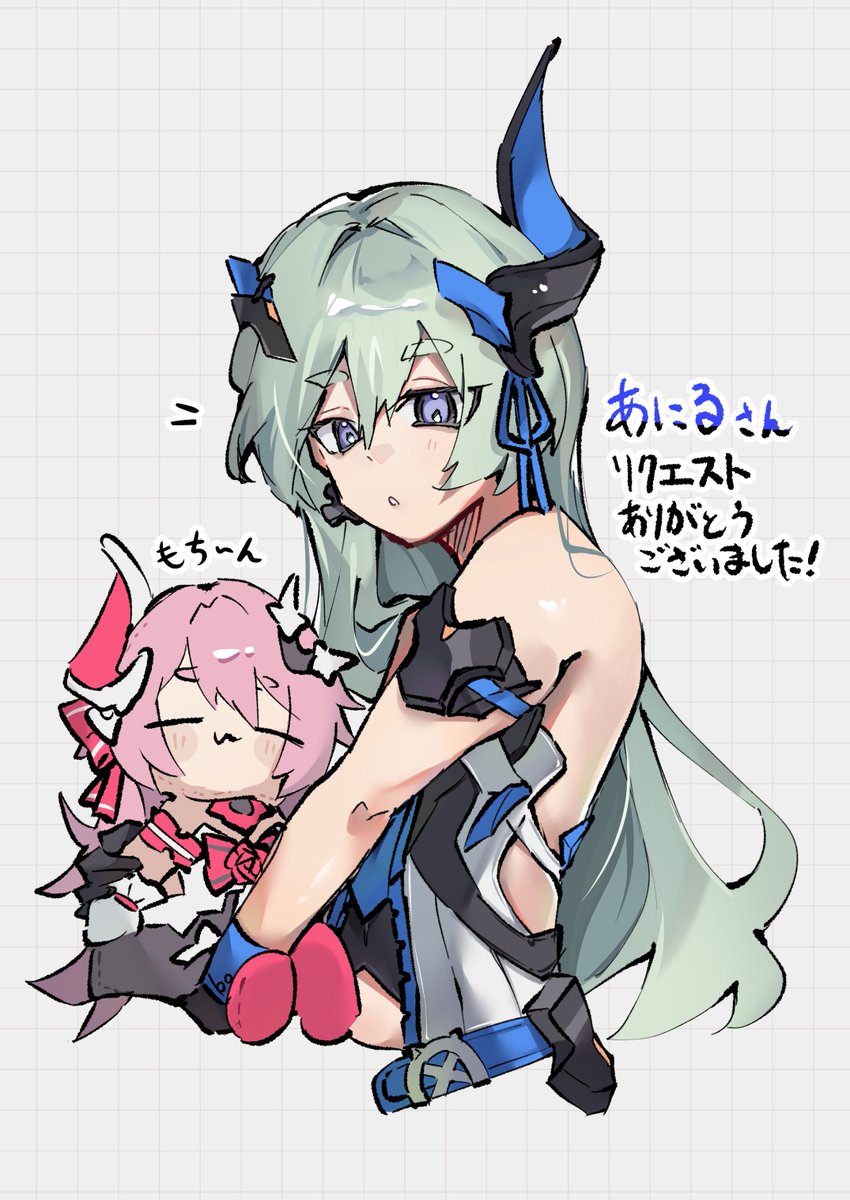 :3, bare_shoulders, black_gloves, blue_eyes, blush_stickers, closed_eyes, closed_mouth, commentary_request