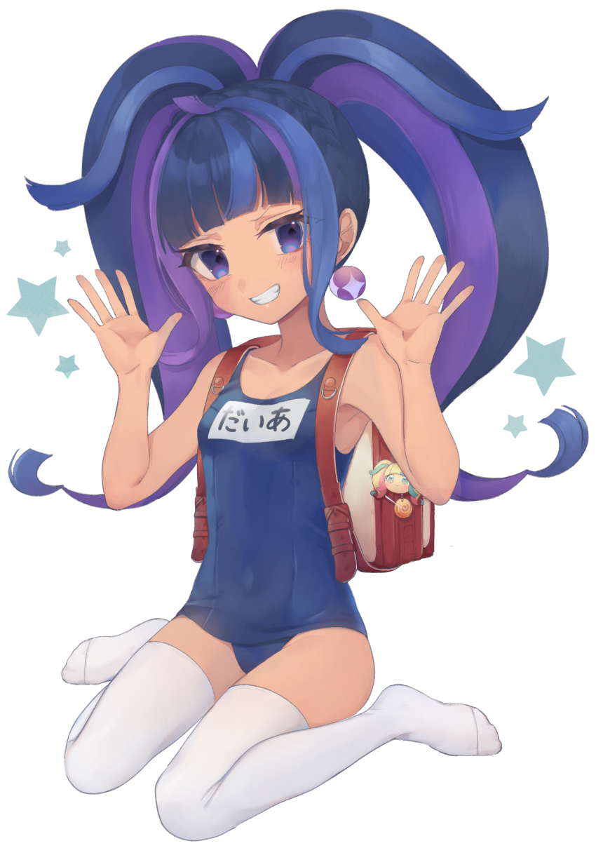 1girl, ahoge, backpack, bad_id, bad_twitter_id, bag, bare_shoulders, blue_eyes