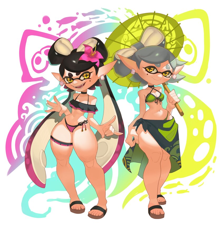2girls, absurdres, bikini, callie_(splatoon), cross-shaped_pupils, earrings, green_umbrella, highres