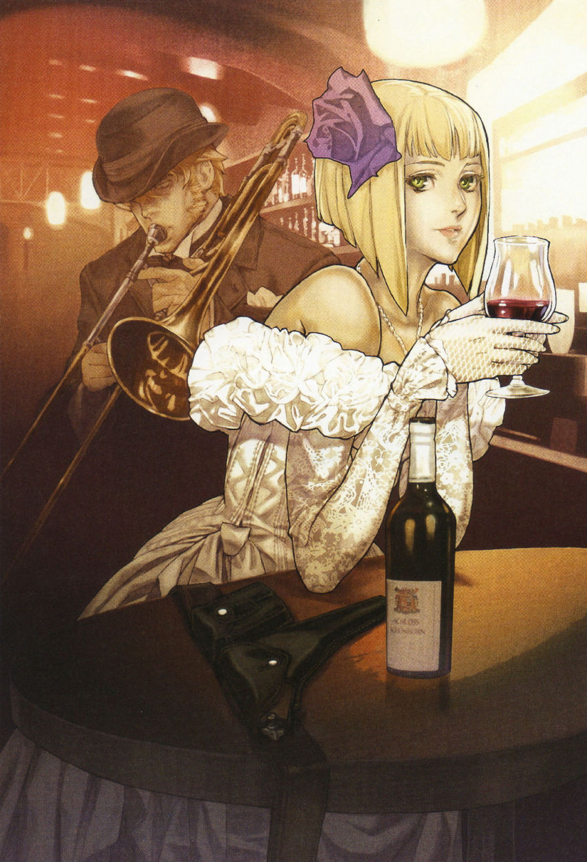 00s, 1boy, 1girl, alcohol, bare_shoulders, blonde_hair, bob_cut, bottle, cup, dress, drinking_glass, formal_clothes, gloves, gown, green_eyes, hair_ornament, highres, holster, instrument, jewelry, lips, maeshima_shigeki, mattalast_balory, milepoch_finedel, mirepoc_finedel, necklace, tatakau_shisho, trombone, white_dress, wine, wine_glass