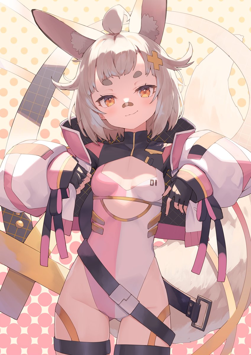 1girl, ahoge, animal_ear_fluff, animal_ears, bandaid, bandaid_on_face, belt, black_gloves, black_nails, breasts, closed_mouth, cropped_jacket, cross_hair_ornament, fingerless_gloves, fox_tail, gloves, gluteal_fold, gradient_background, groin, hair_ornament, head_tilt, highres, indie_virtual_youtuber, jacket, leotard, light_blush, light_smile, long_sleeves, looking_at_viewer, open_clothes, open_jacket, polka_dot, polka_dot_background, puffy_long_sleeves, puffy_sleeves, ribbon, shindou_kamichi, shirahiko_(vtuber), short_eyebrows, sleeves_past_wrists, small_breasts, solo, tail, virtual_youtuber, wrist_ribbon, yellow_eyes