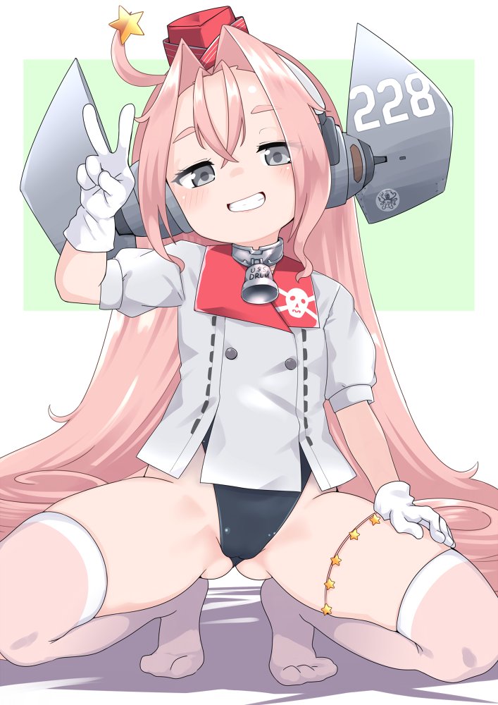 1girl, bell, black_one-piece_swimsuit, blush, drum_(kancolle), garrison_cap, gloves, grey_eyes, grin, hair_ornament, hat, headgear, jacket, kantai_collection, long_hair, looking_at_viewer, nassukun, neck_bell, one-piece_swimsuit, pink_hair, shadow, simple_background, smile, solo, spread_legs, squatting, star_(symbol), star_hair_ornament, swimsuit, thigh_strap, thighhighs, two-tone_background, v, very_long_hair, white_gloves, white_thighhighs