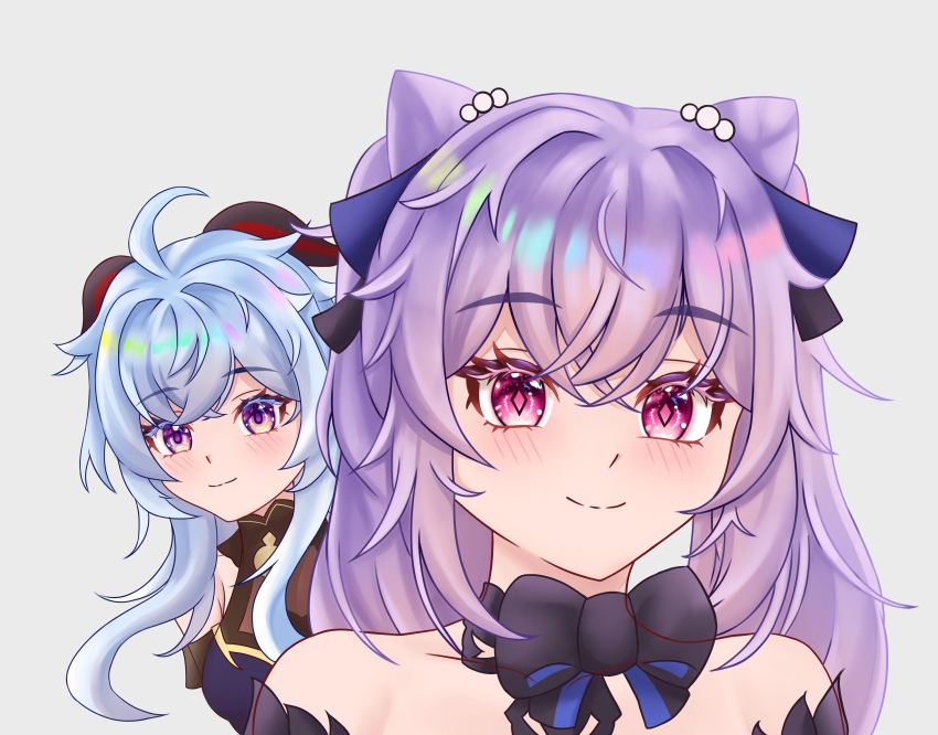 2girls, absurdres, ahoge, bare_shoulders, black_bow, blue_hair, bow, commentary