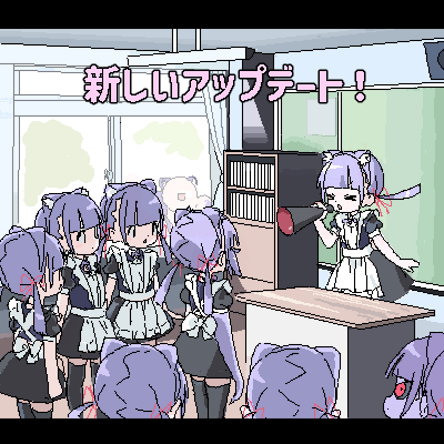 >_<, 6+girls, animal_ears, apron, black_dress, black_thighhighs, cat_ears, chalkboard
